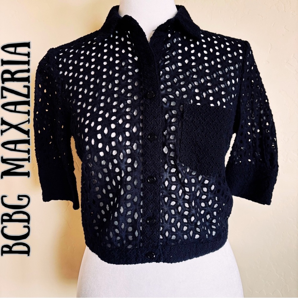 BCBGMaxAzria Black Cropped Collared Button Front Eyelet Shirt